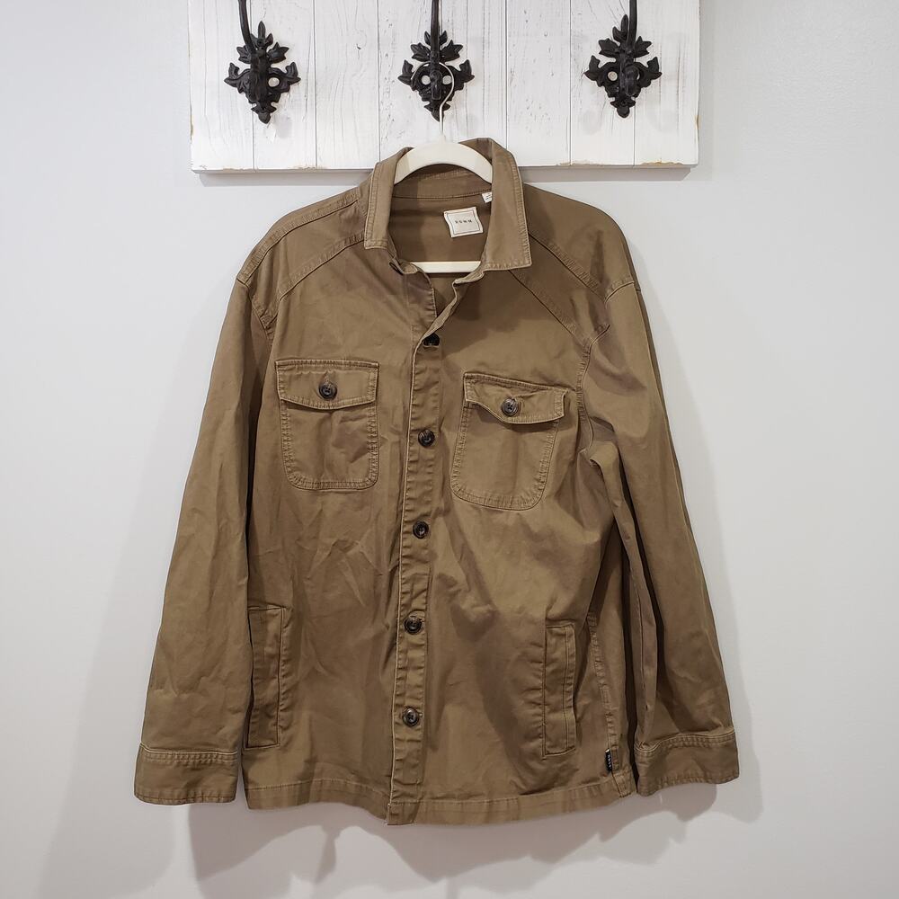 ROWM Shirt Jacket Mens L Brown Tan Button Front Utility Chore Shacket Pockets